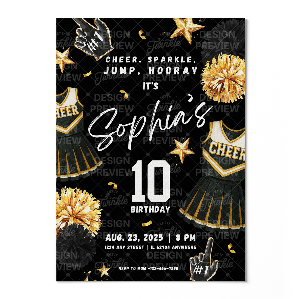Cheerleader Birthday Invitation Template • Editable Canva Invitation • Black & Gold