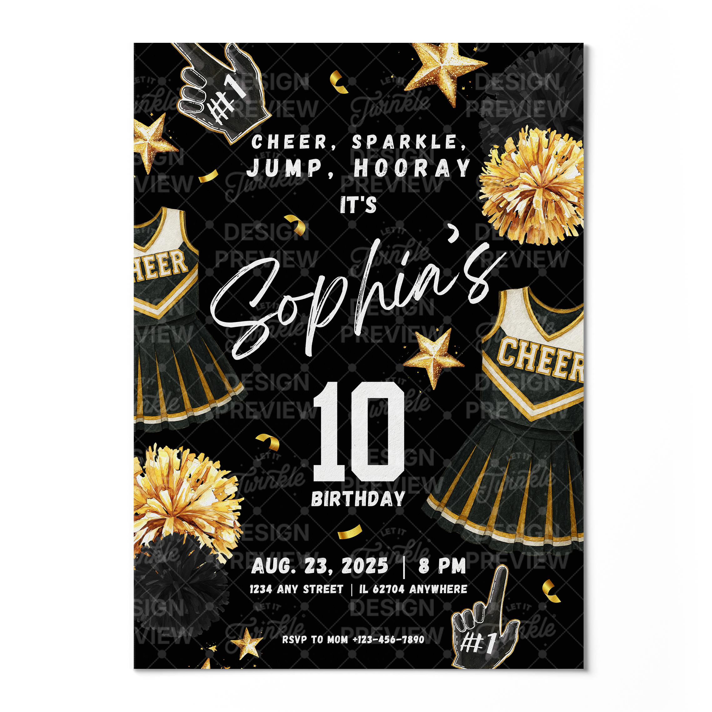 Cheerleader Birthday Invitation Template • Editable Canva Invitation • Black & Gold