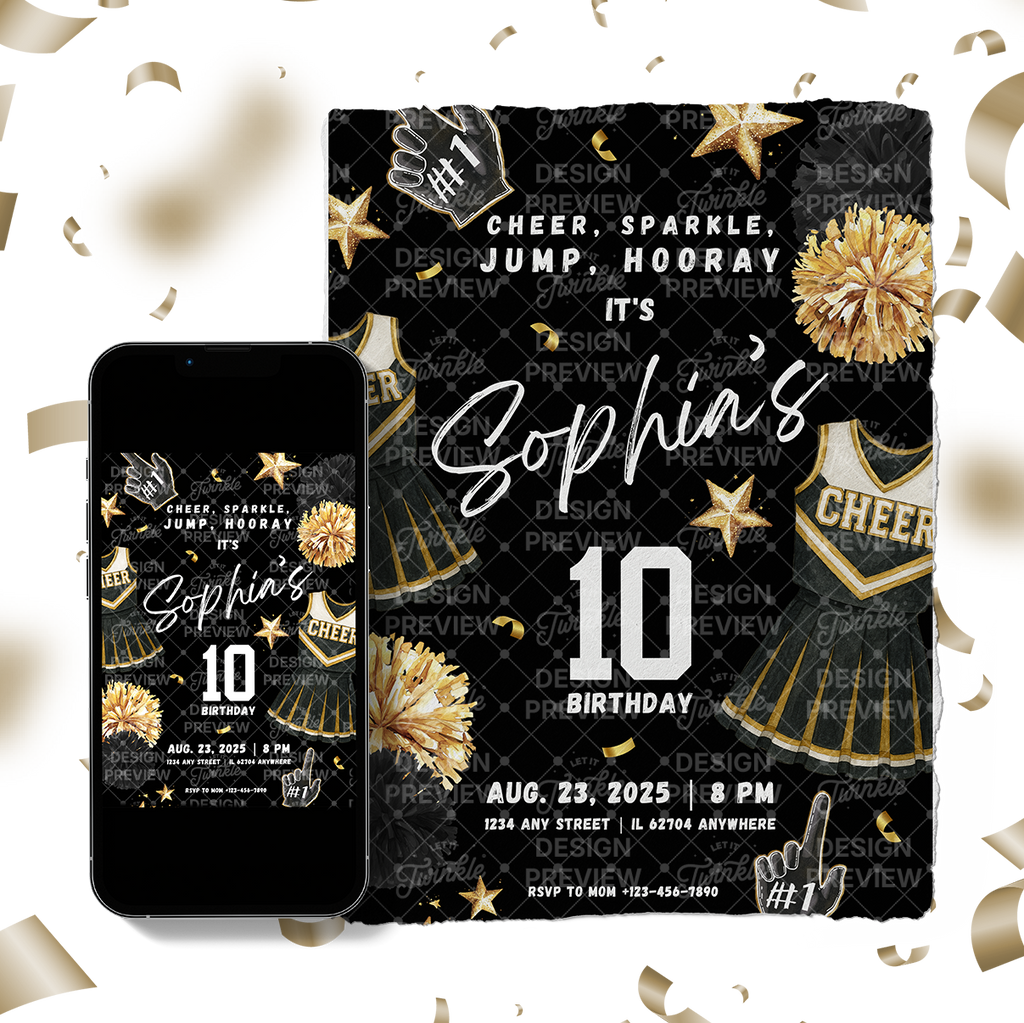 Cheerleader Birthday Invitation Template • Editable Canva Invitation • Black & Gold
