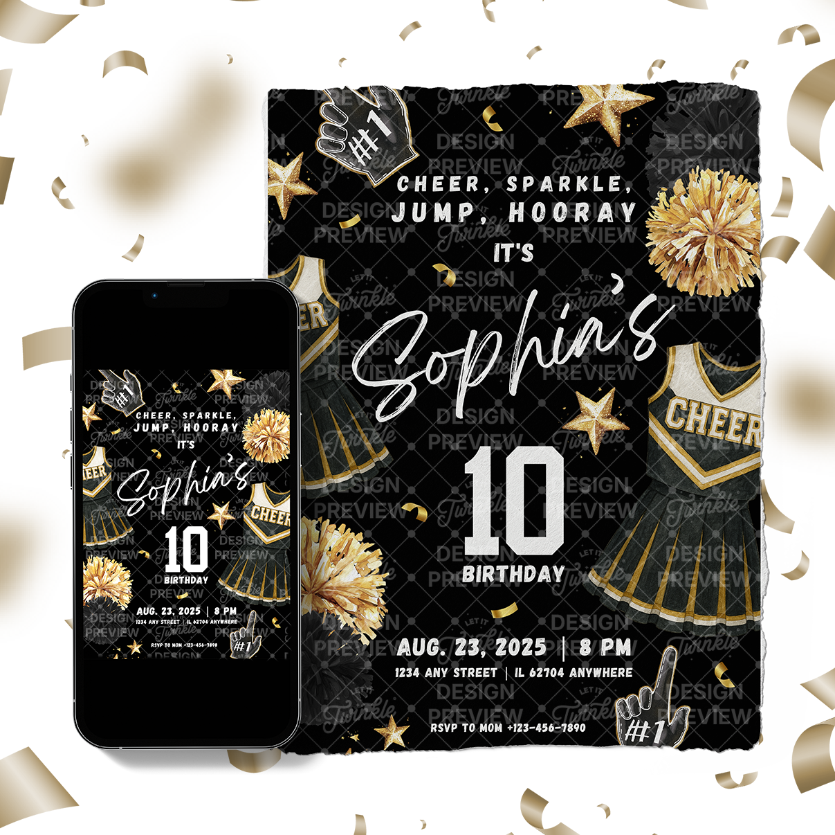Cheerleader Birthday Invitation Template • Editable Canva Invitation • Black & Gold
