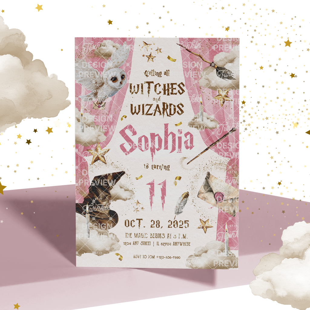 Magical School Birthday Invitation Template • Editable Canva Invitation • Pink & Beige