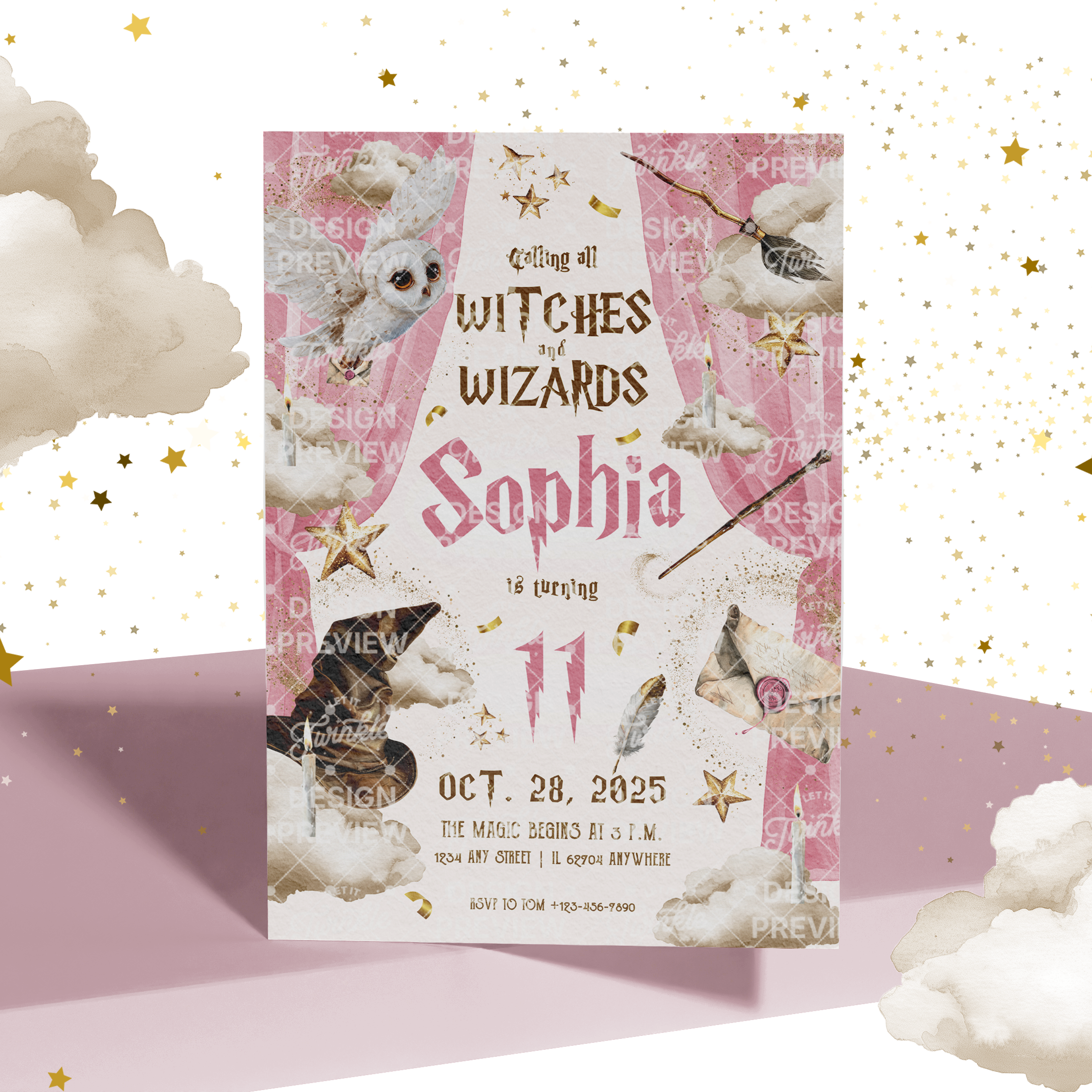 Magical School Birthday Invitation Template • Editable Canva Invitation • Pink & Beige