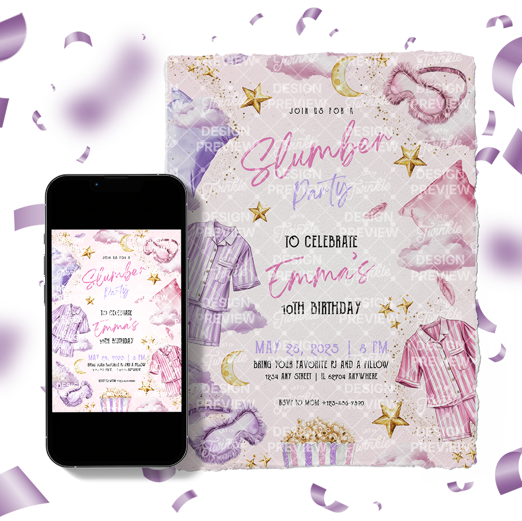 Slumber Party Birthday Invitation Template • Editable Canva Invitation • Purple & Pink