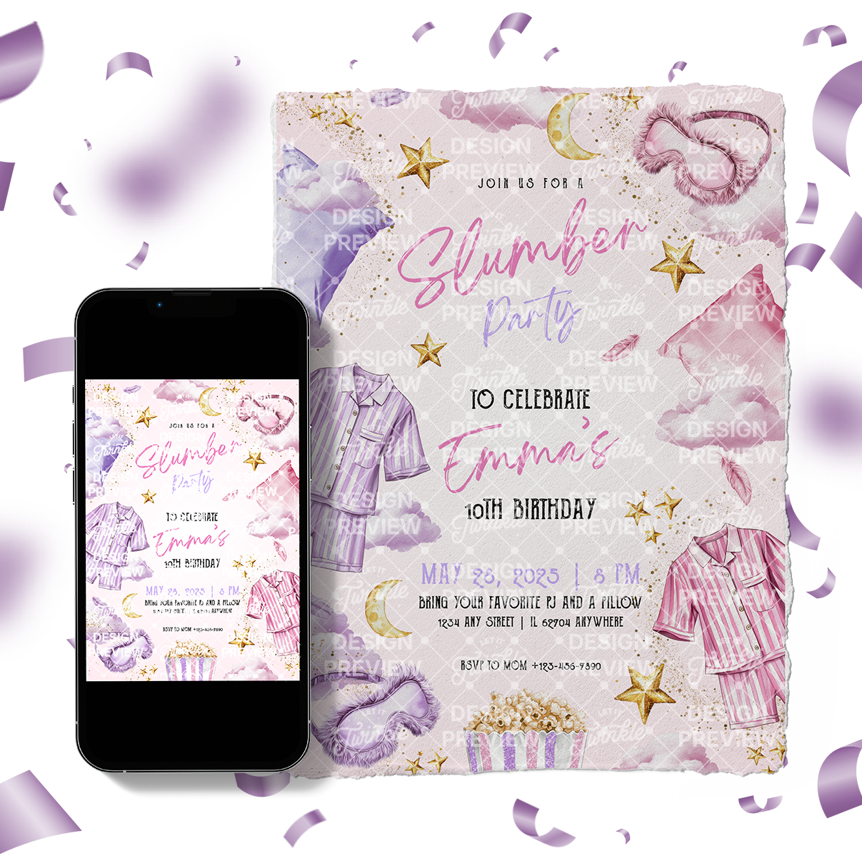 Slumber Party Birthday Invitation Template • Editable Canva Invitation • Purple & Pink