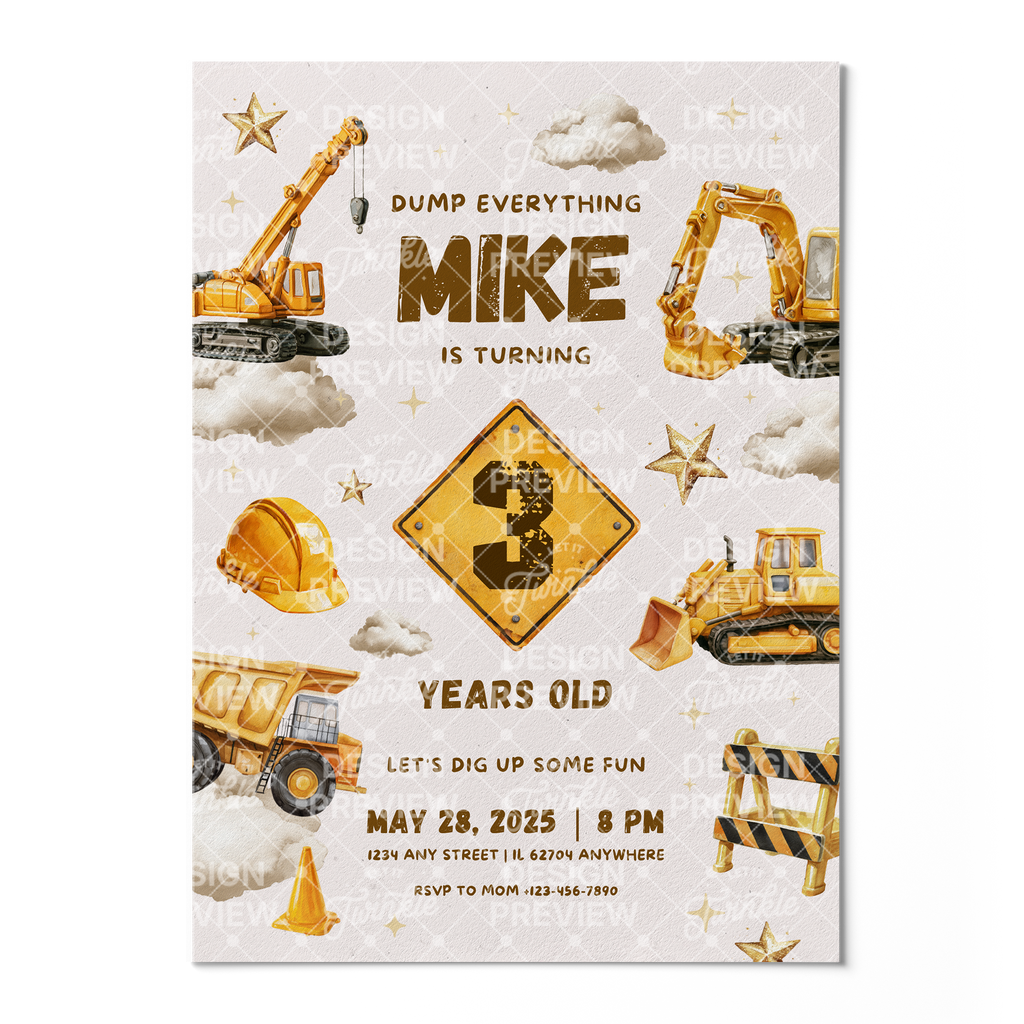 Construction Sign Birthday Invitation Template • Editable Canva Invitation • Yellow, Beige & Gold