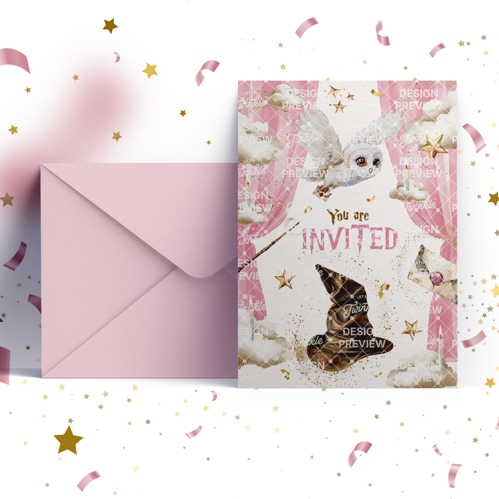 Magical School Birthday Invitation Template • Editable Canva Invitation • Pink & Beige