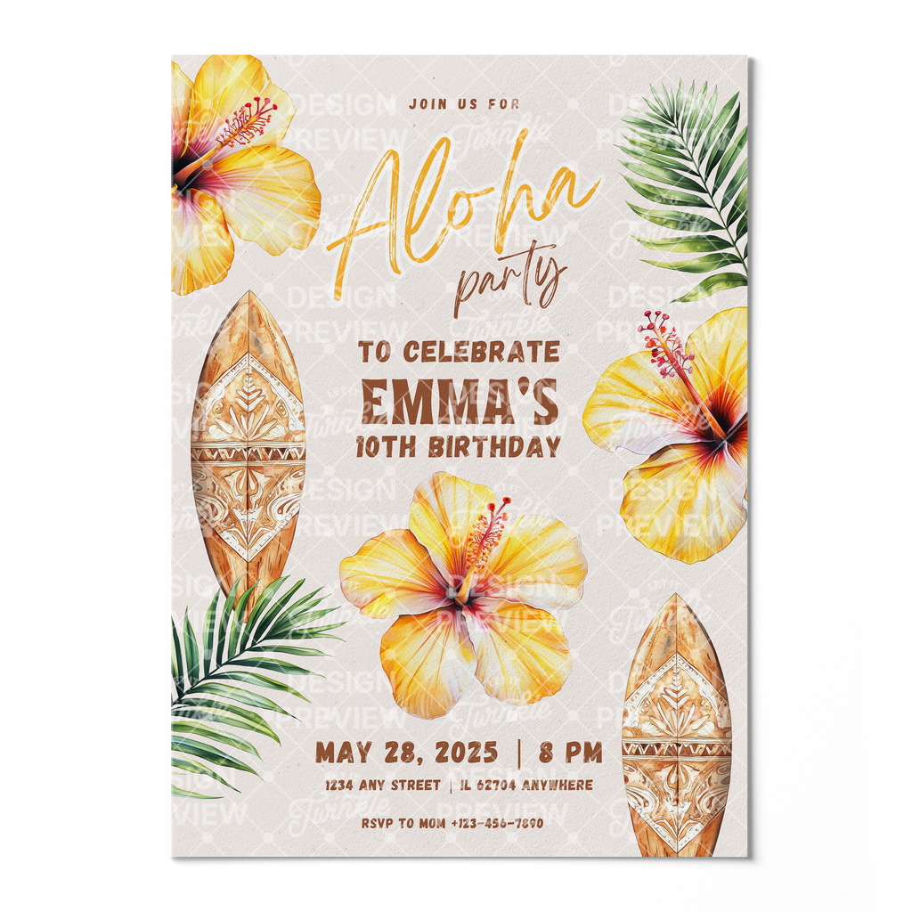 Aloha Birthday Invitation Template • Editable Canva Invitation • Yellow