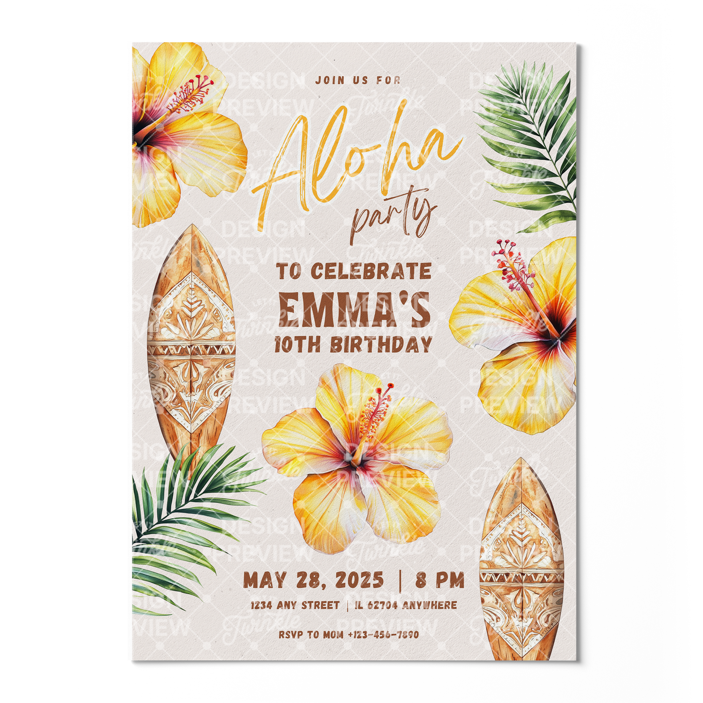 Aloha Birthday Invitation Template • Editable Canva Invitation • Yellow