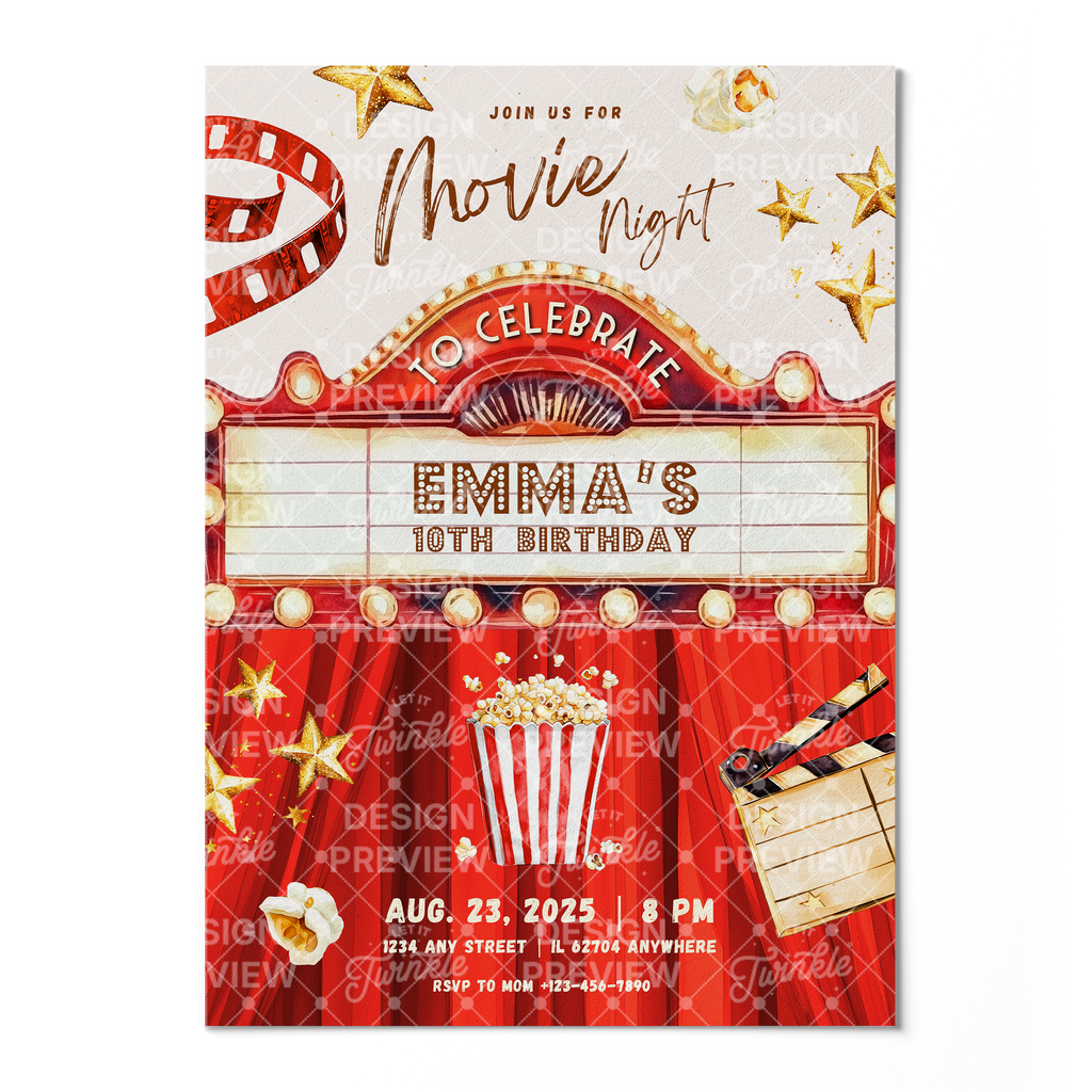 Movie Night Birthday Invitation Template • Editable Canva Invitation • Red & Gold