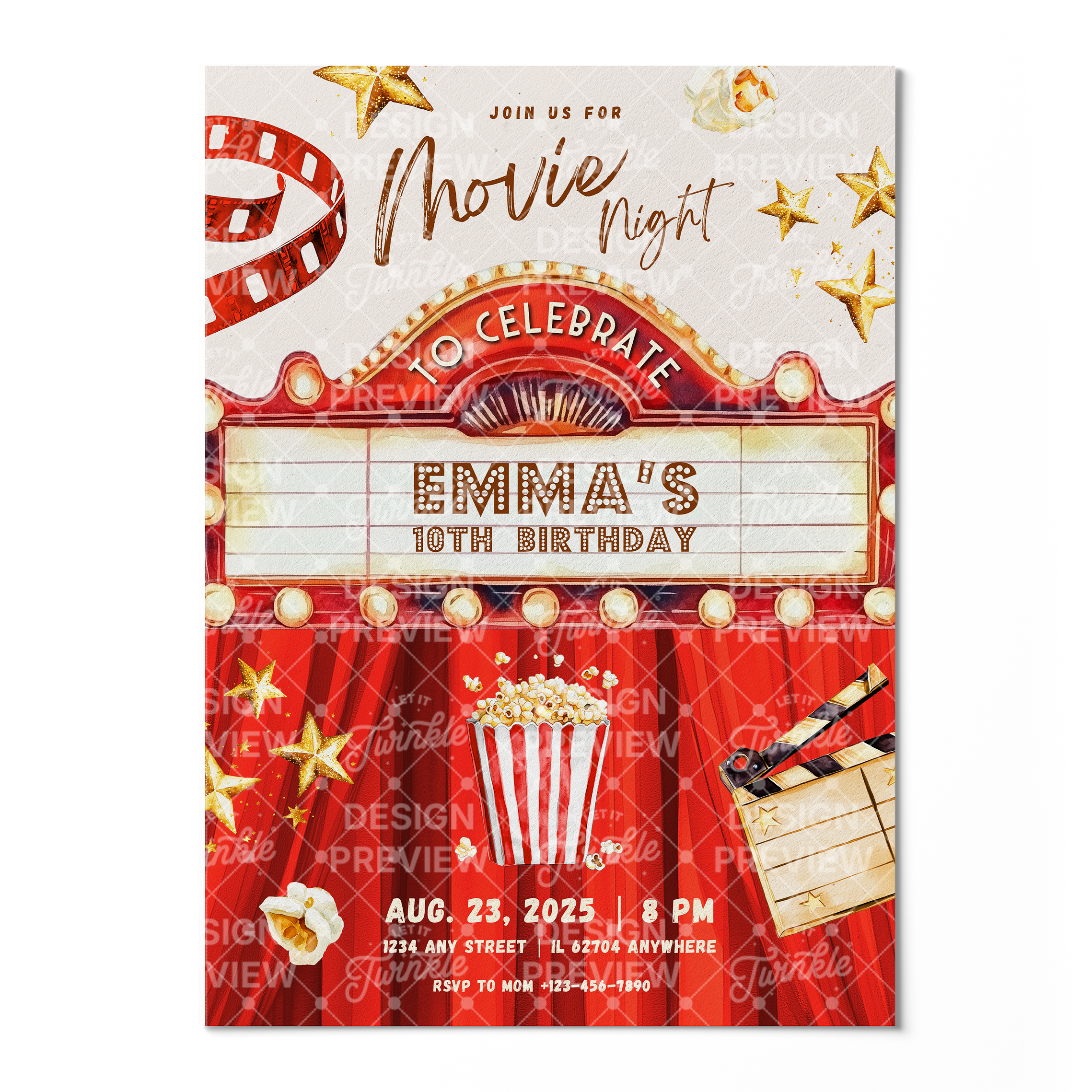 Movie Night Birthday Invitation Template • Editable Canva Invitation • Red & Gold