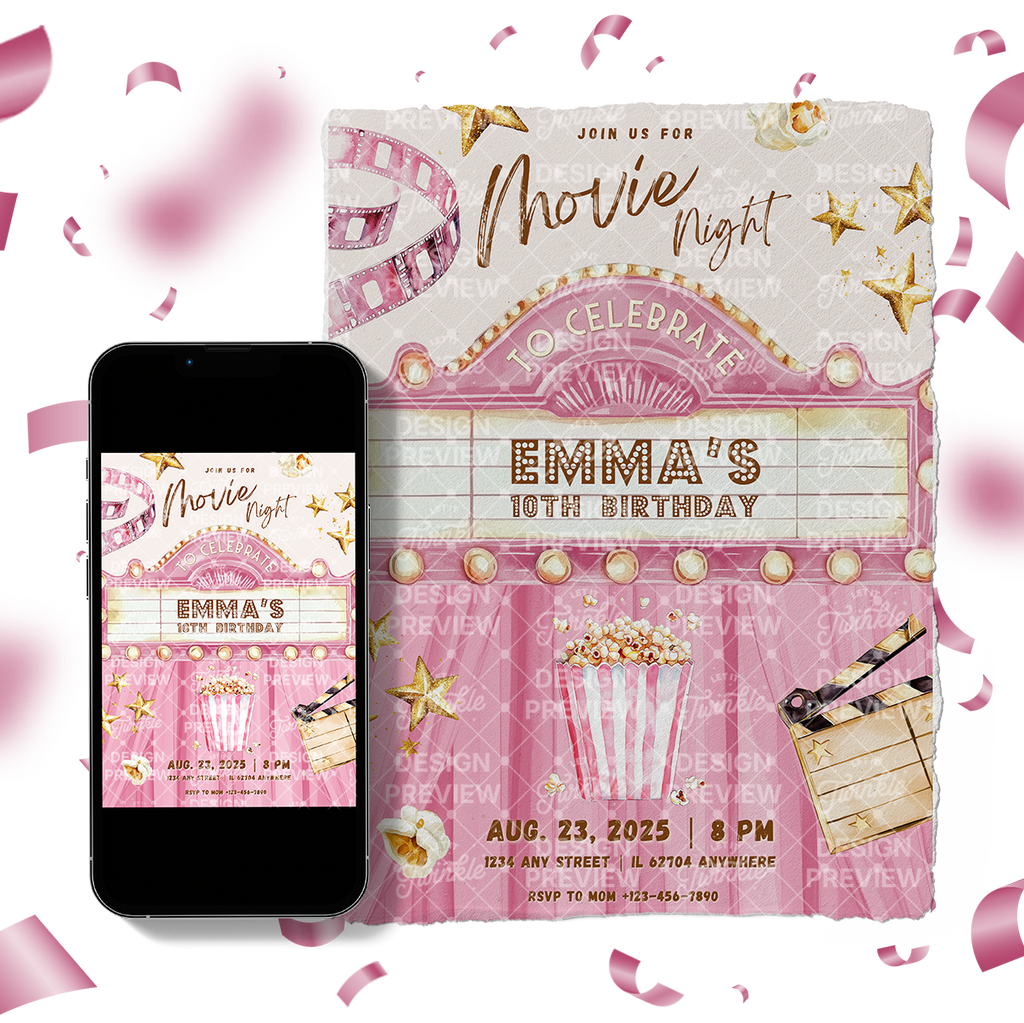 Movie Night Birthday Invitation Template • Editable Canva Invitation • Pink & Gold