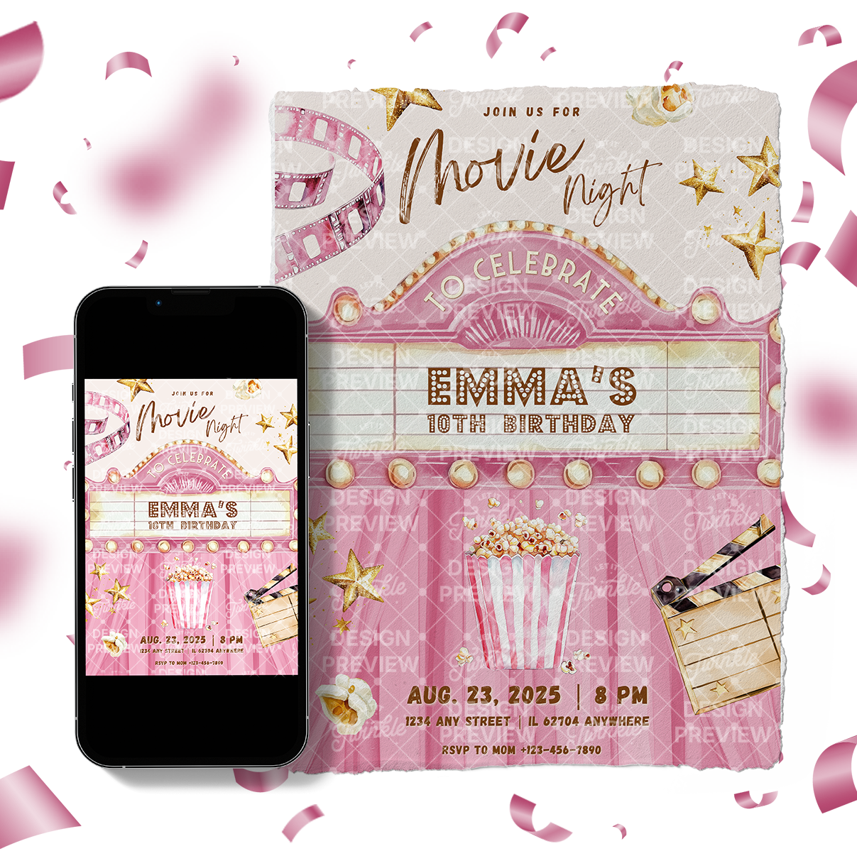 Movie Night Birthday Invitation Template • Editable Canva Invitation • Pink & Gold