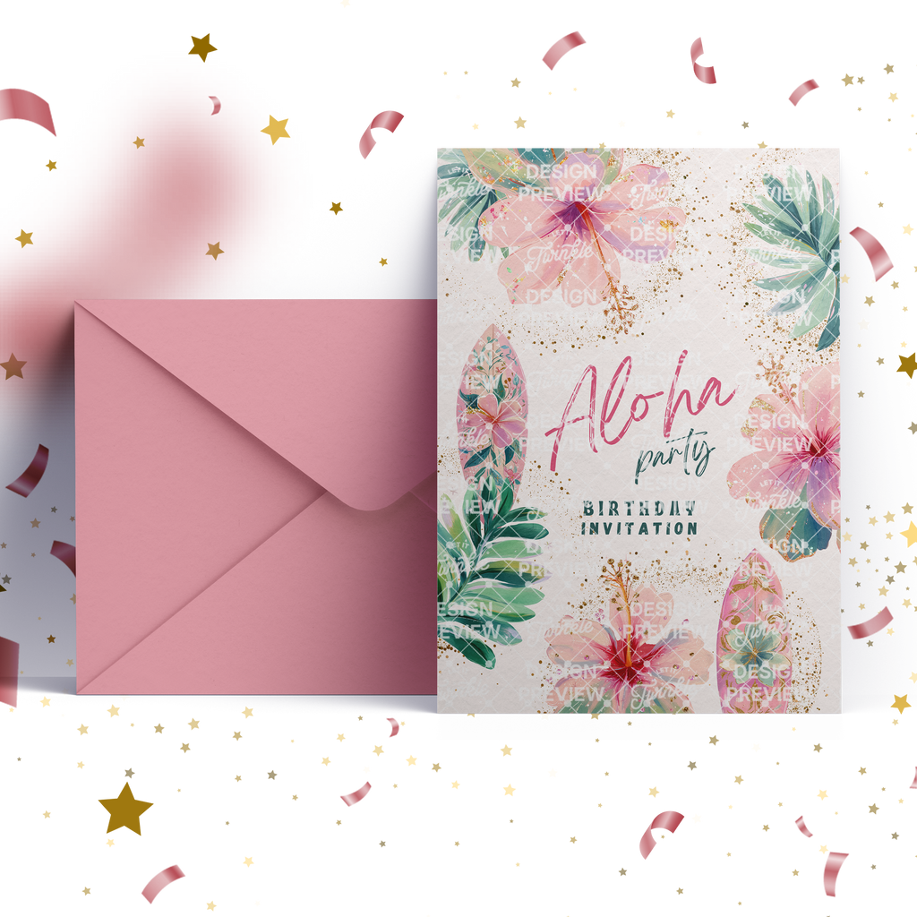Aloha Birthday Invitation Template • Editable Canva Invitation • Pastel Pink