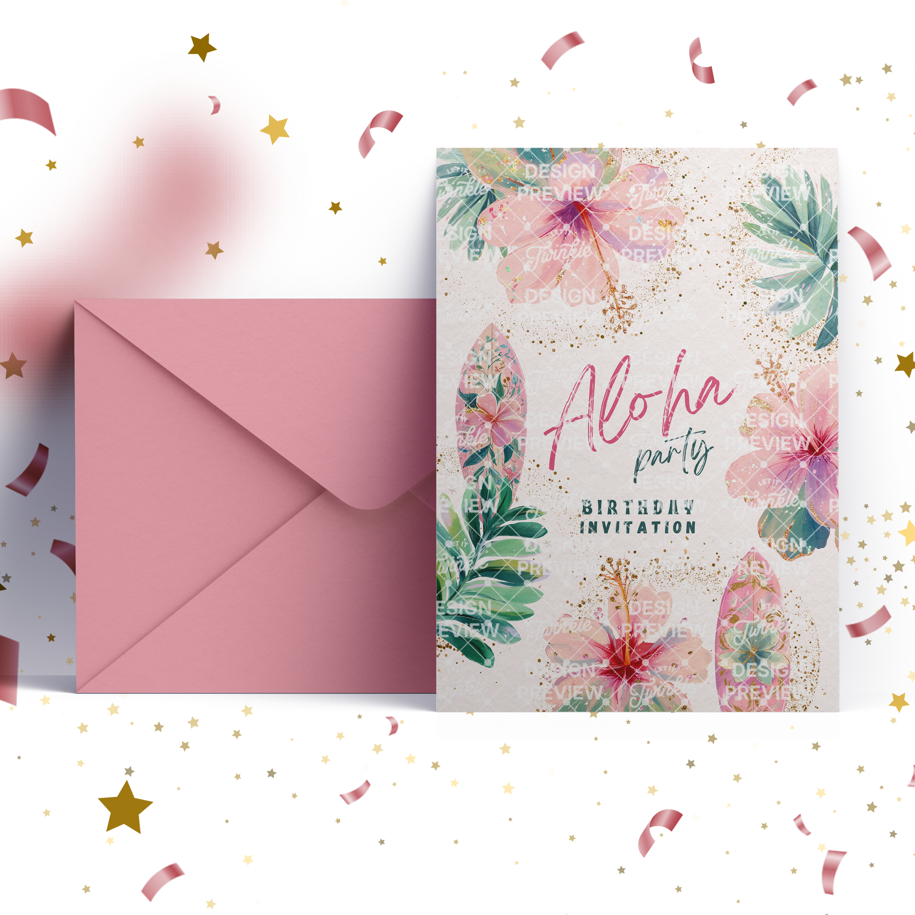 Aloha Birthday Invitation Template • Editable Canva Invitation • Pastel Pink