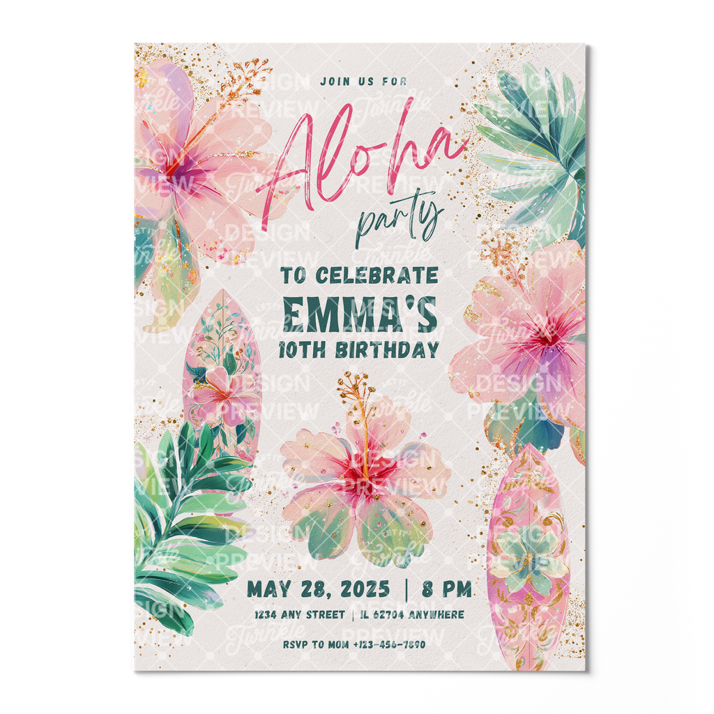Aloha Birthday Invitation Template • Editable Canva Invitation • Pastel Pink