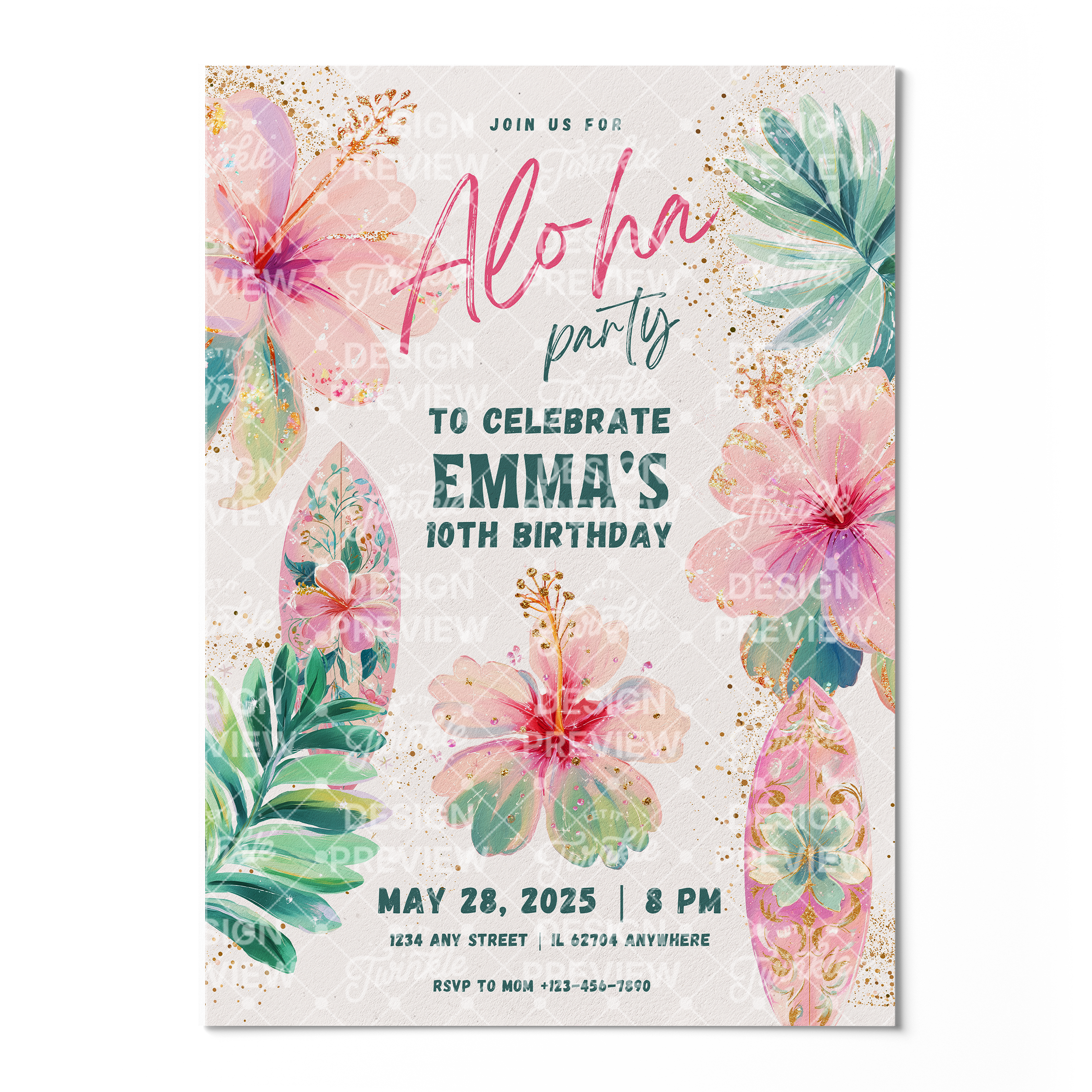 Aloha Birthday Invitation Template • Editable Canva Invitation • Pastel Pink
