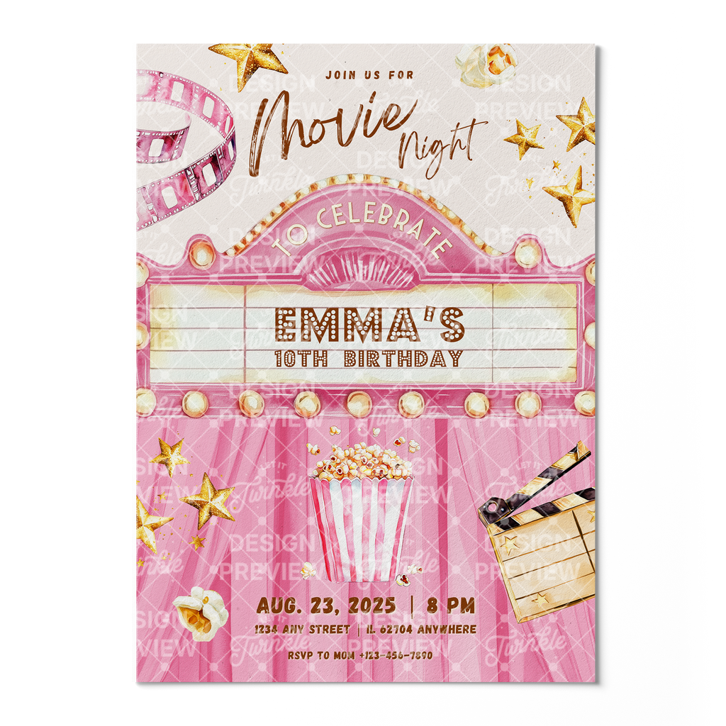 Movie Night Birthday Invitation Template • Editable Canva Invitation • Pink & Gold