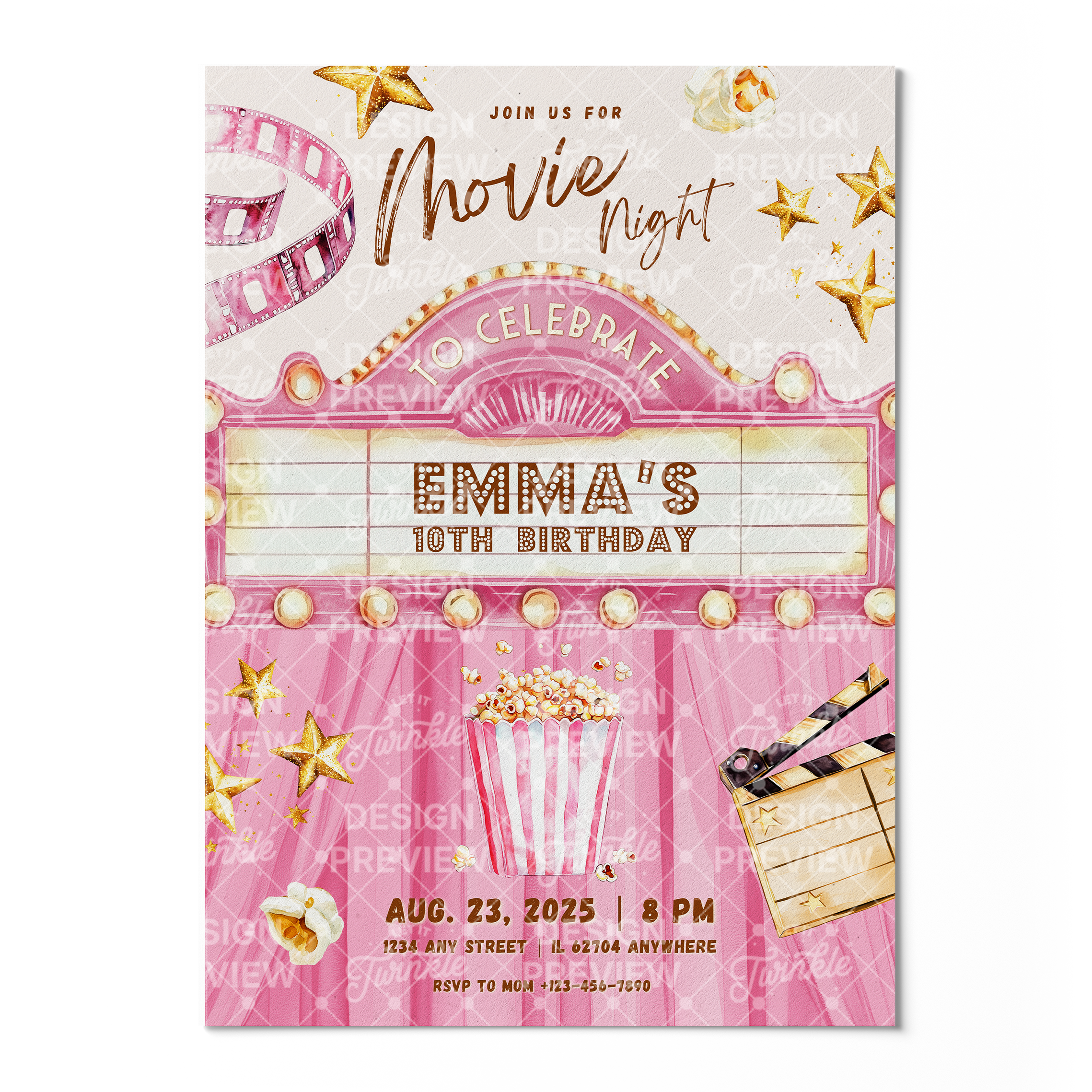 Movie Night Birthday Invitation Template • Editable Canva Invitation • Pink & Gold