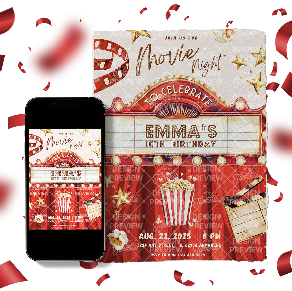 Movie Night Birthday Invitation Template • Editable Canva Invitation • Red & Gold