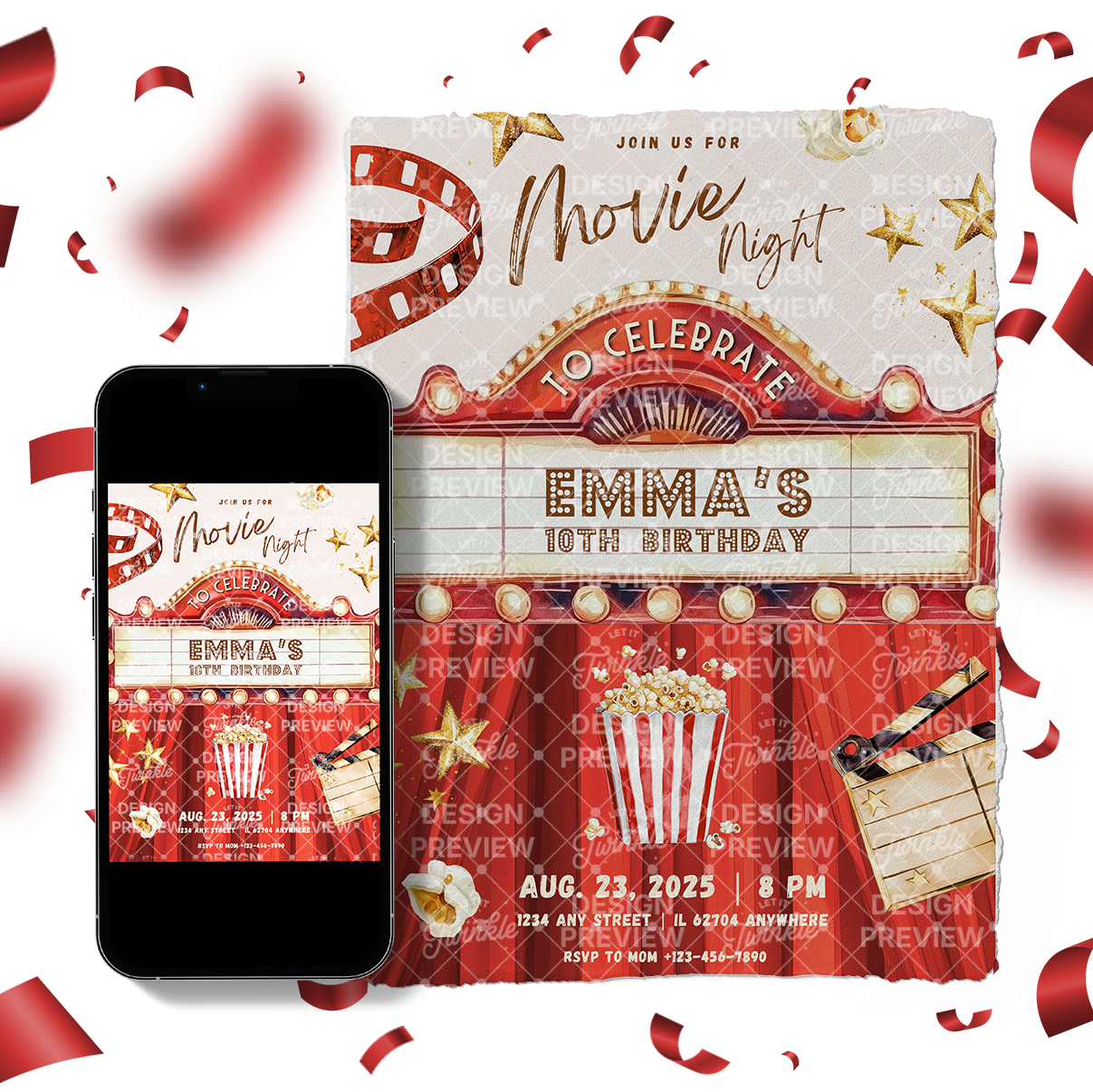 Movie Night Birthday Invitation Template • Editable Canva Invitation • Red & Gold