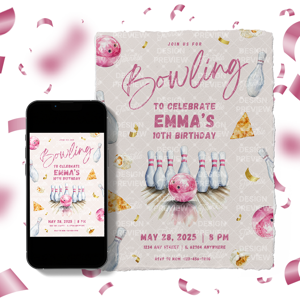 Bowling Birthday Invitation Template • Editable Canva Invitation • Pink & Beige