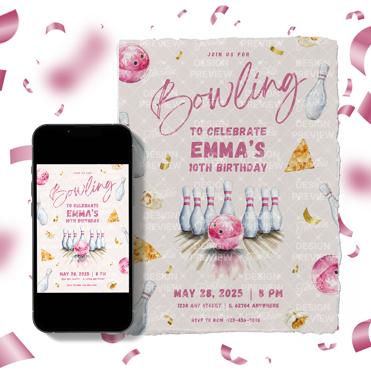 Bowling Birthday Invitation Template • Editable Canva Invitation • Pink & Beige
