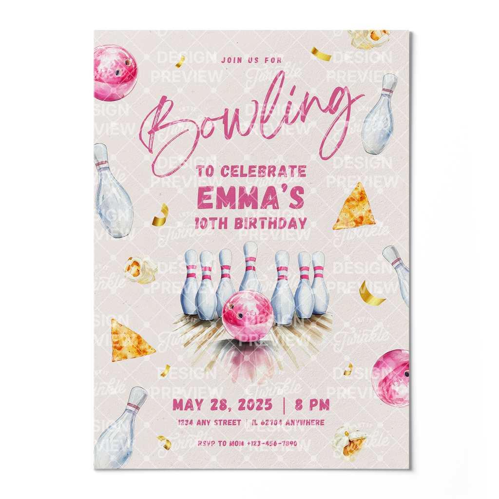 Bowling Birthday Invitation Template • Editable Canva Invitation • Pink & Beige