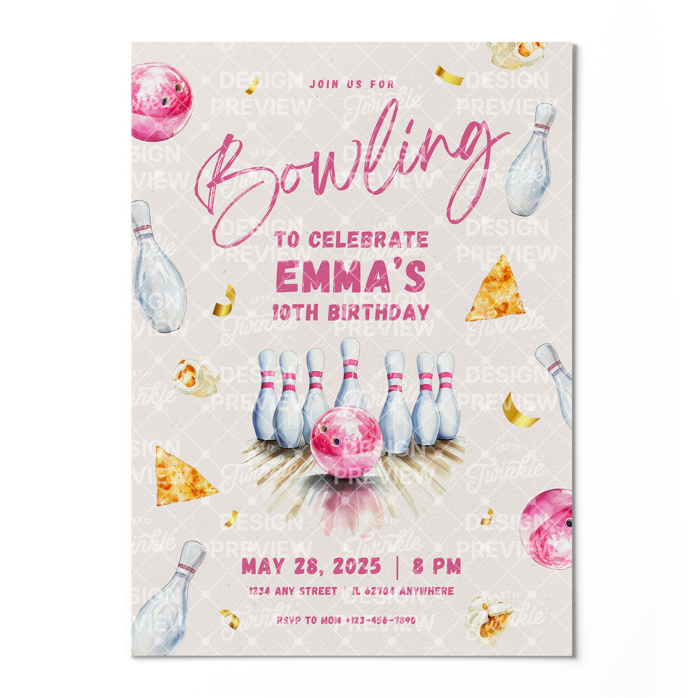 Bowling Birthday Invitation Template • Editable Canva Invitation • Pink & Beige