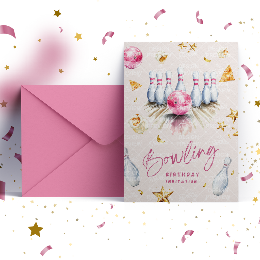 Bowling Birthday Invitation Template • Editable Canva Invitation • Pink & Beige