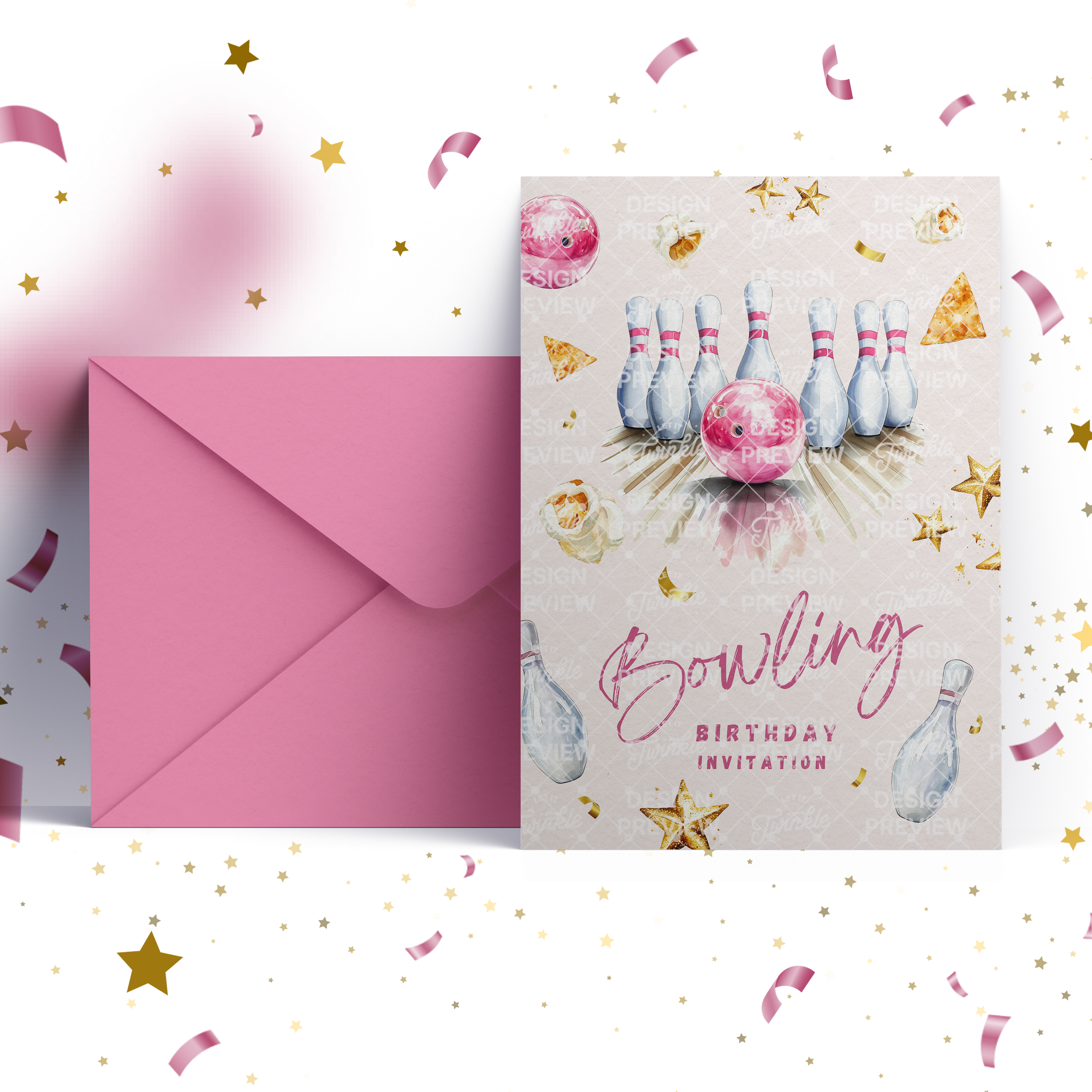 Bowling Birthday Invitation Template • Editable Canva Invitation • Pink & Beige