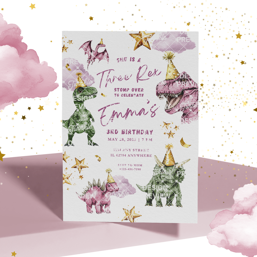 Three Rex Dinosaur Birthday Invitation Template • Editable Canva Invitation • Pink & Green
