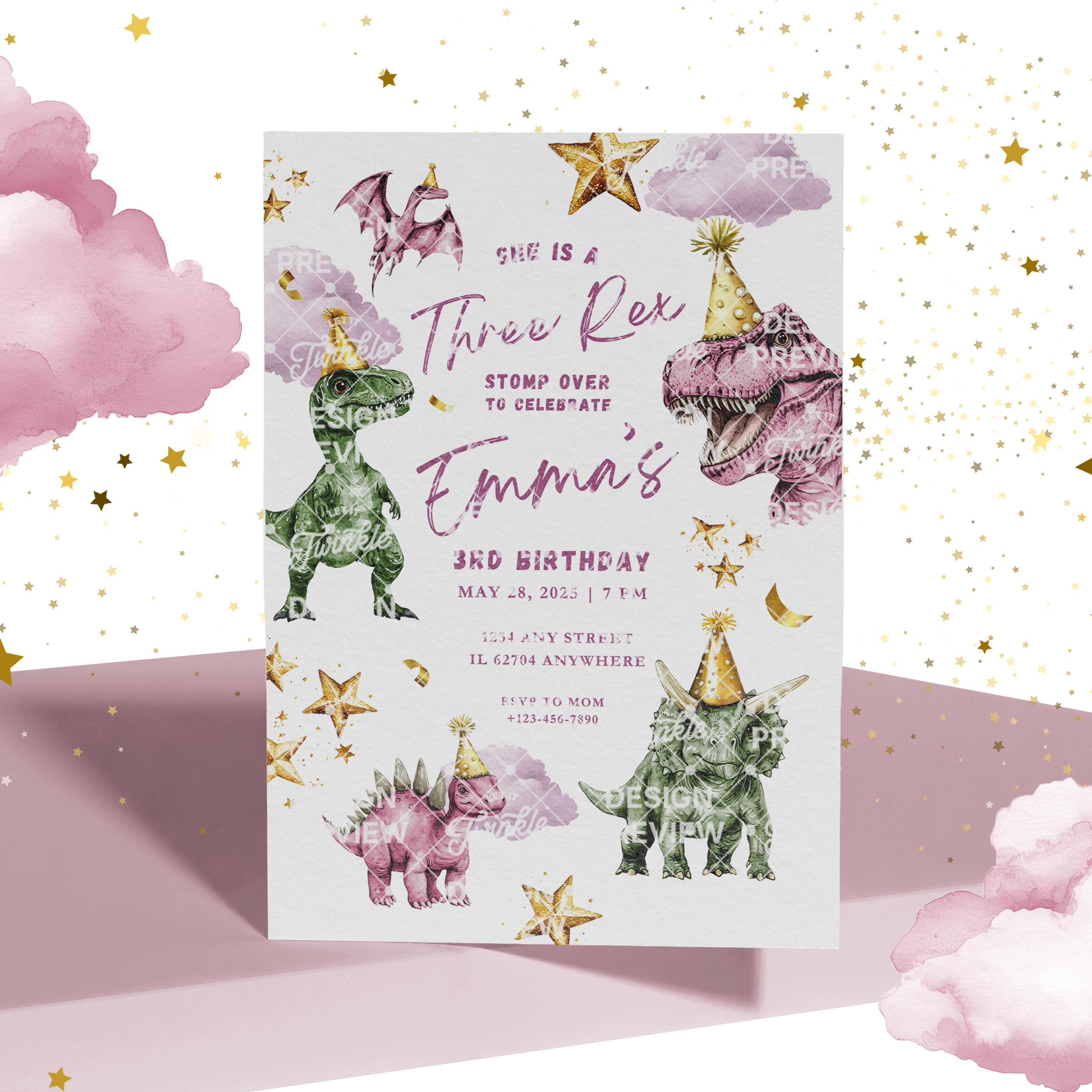 Three Rex Dinosaur Birthday Invitation Template • Editable Canva Invitation • Pink & Green