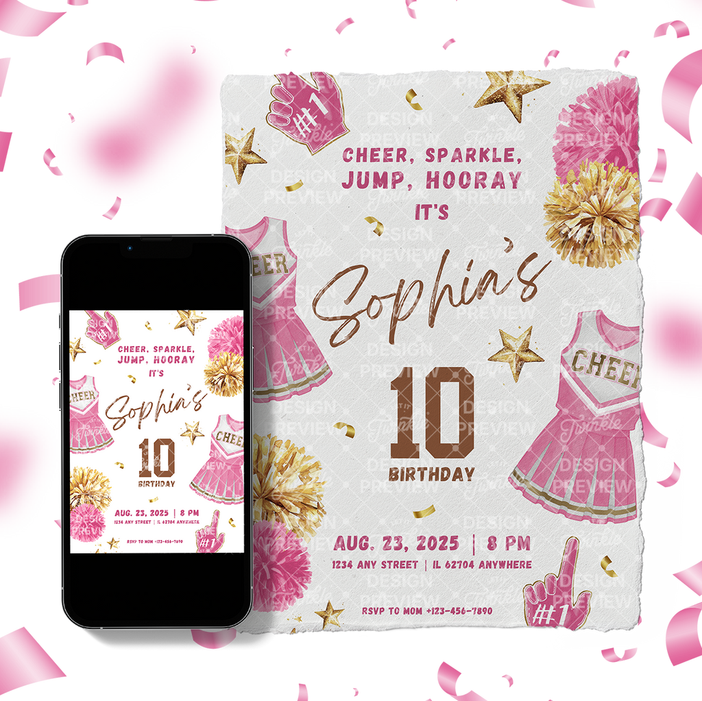 Einladungsvorlage zum Cheerleader-Geburtstag • Bearbeitbare Canva-Einladung • Pink & Gold