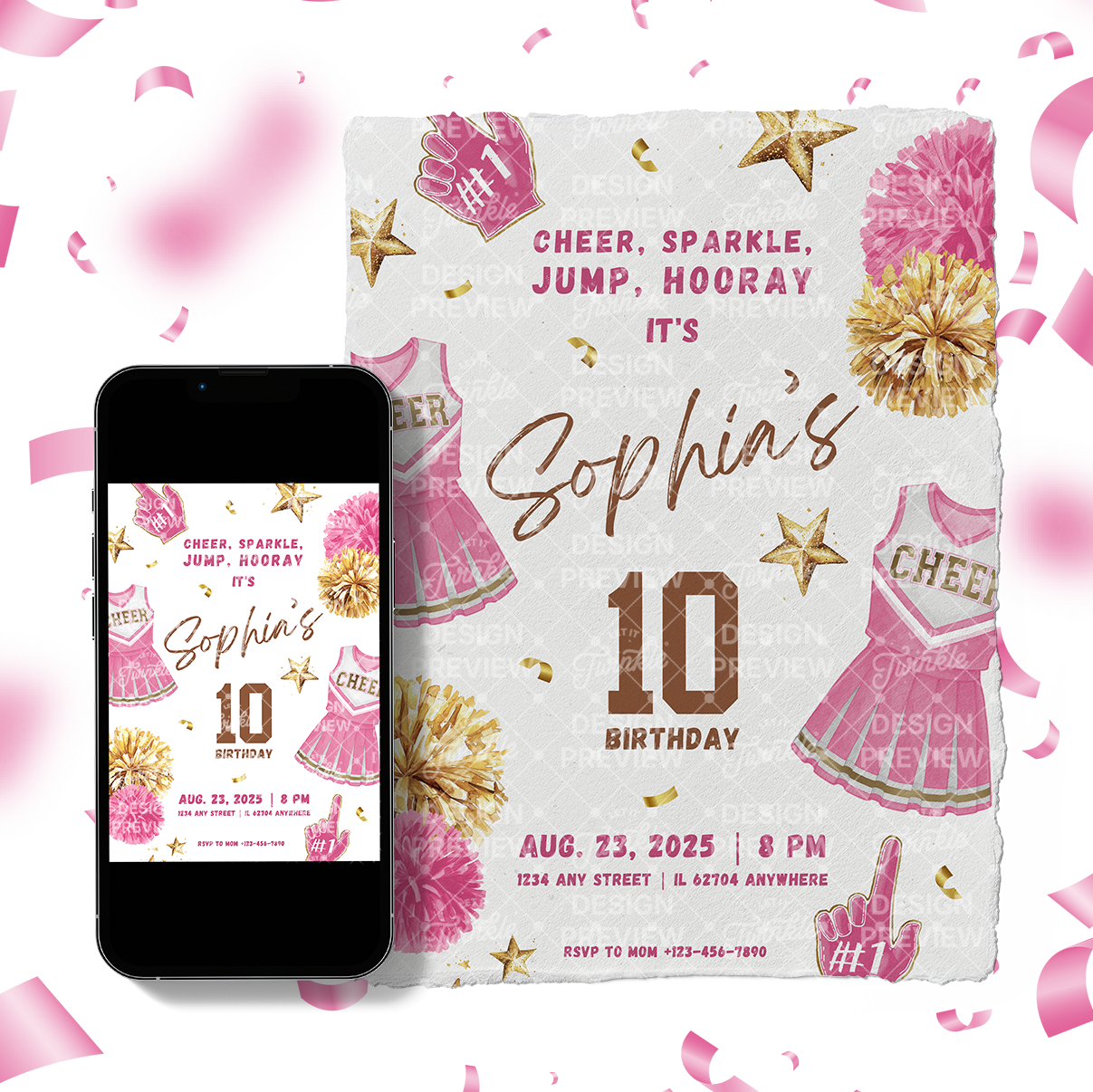 Einladungsvorlage zum Cheerleader-Geburtstag • Bearbeitbare Canva-Einladung • Pink & Gold