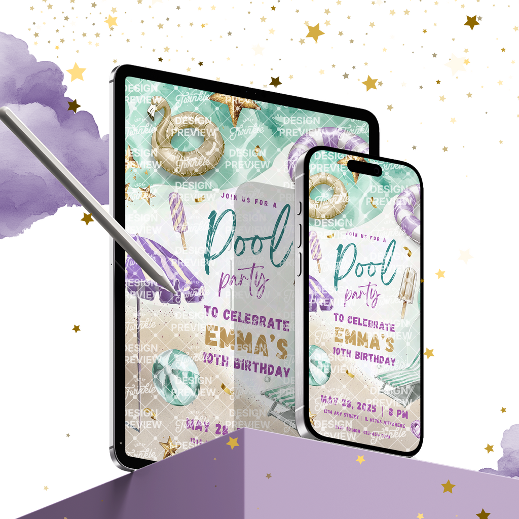 Pool Party Birthday Invitation Template • Editable Canva Invitation • Purple & Gold