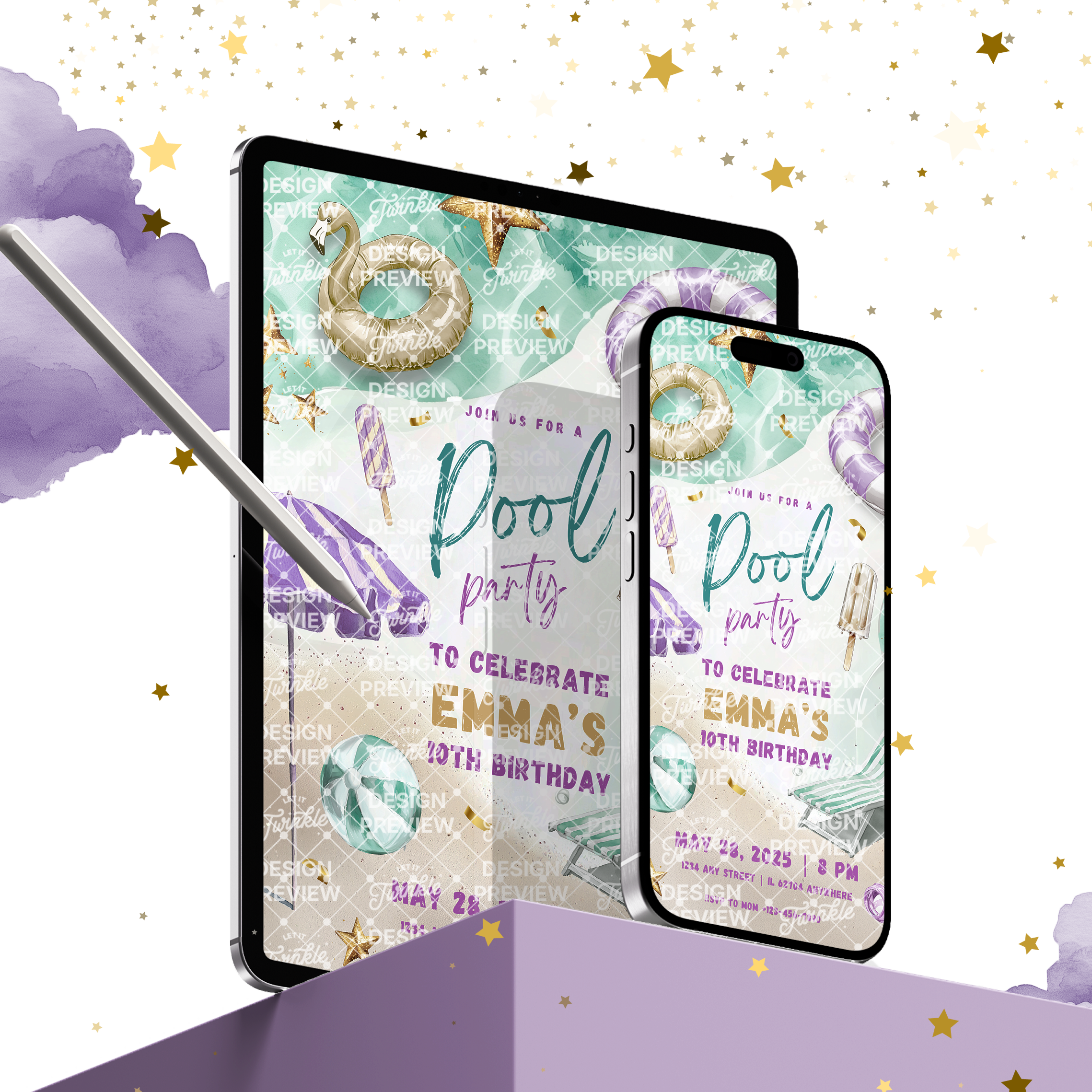 Pool Party Birthday Invitation Template • Editable Canva Invitation • Purple & Gold