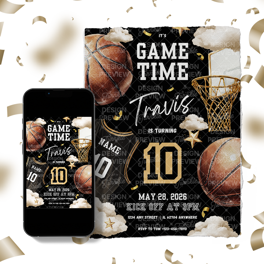 Basketball Birthday Invitation Template • Editable Canva Invitation • Black & Gold