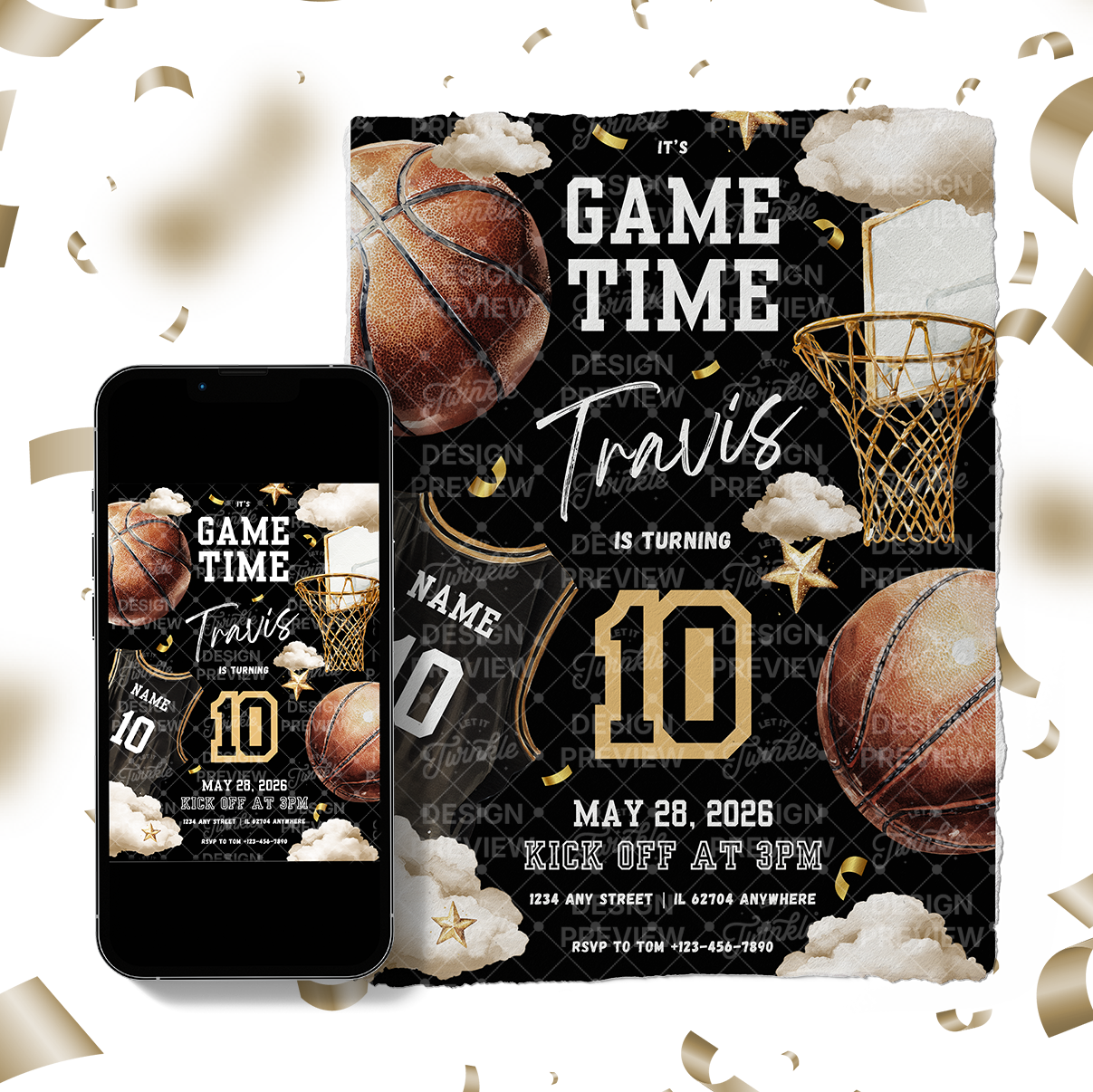 Basketball Birthday Invitation Template • Editable Canva Invitation • Black & Gold