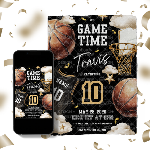 Basketball Birthday Invitation Template • Editable Canva Invitation • Black & Gold