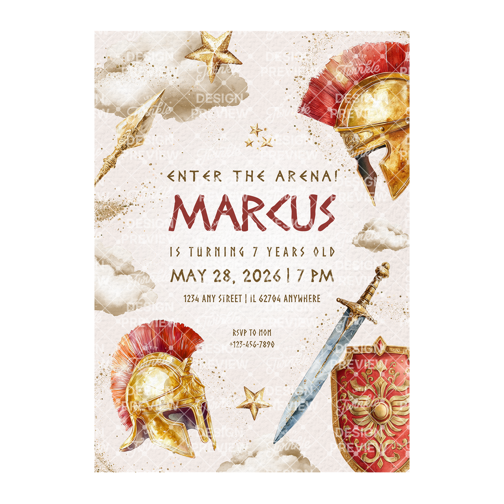 Gladiator Birthday Invitation Template • Editable Canva Invitation • Red & Gold