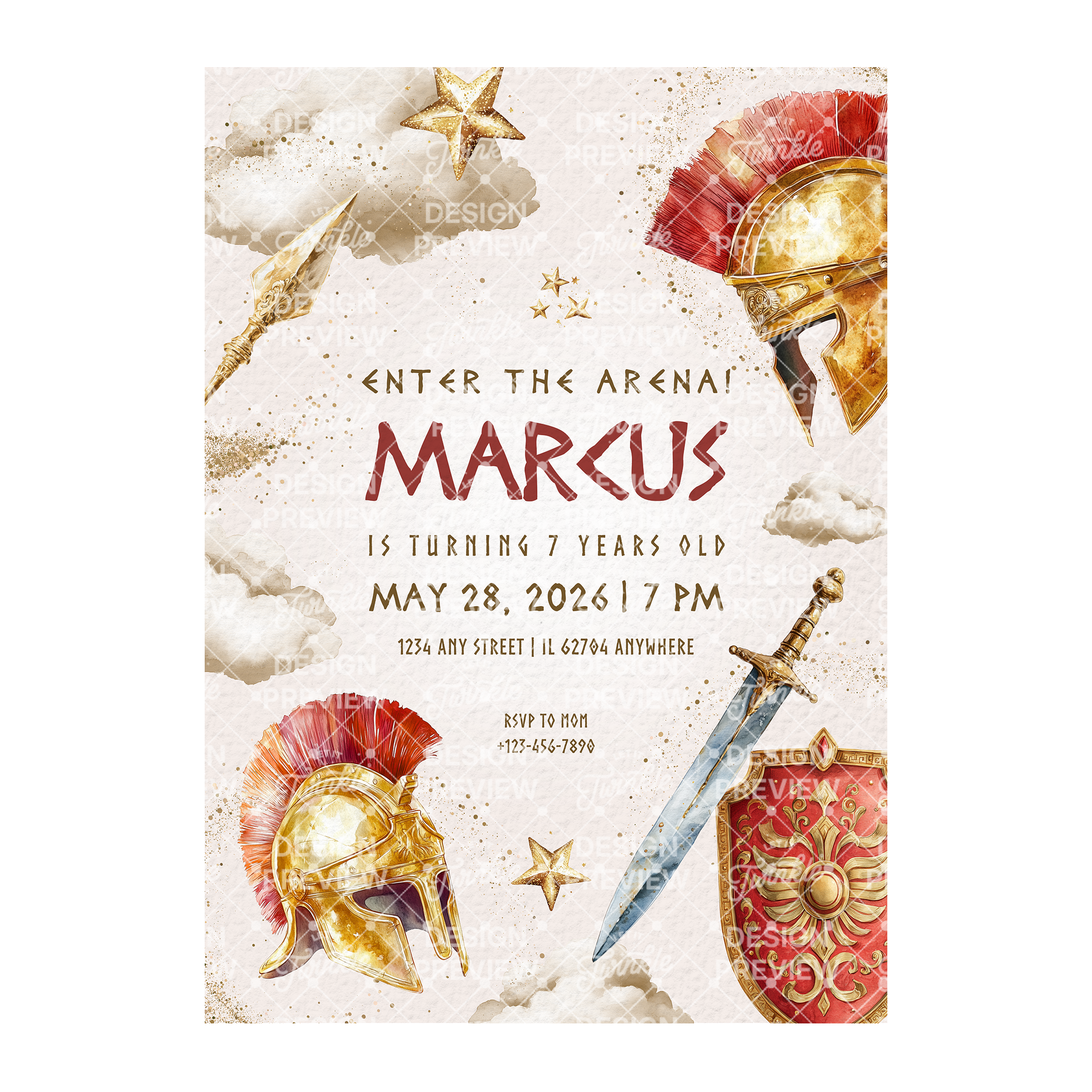 Gladiator Birthday Invitation Template • Editable Canva Invitation • Red & Gold