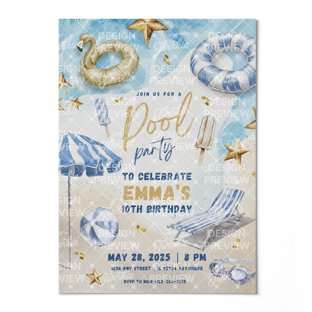 Pool Party Birthday Invitation Template • Editable Canva Invitation • Blue & Gold