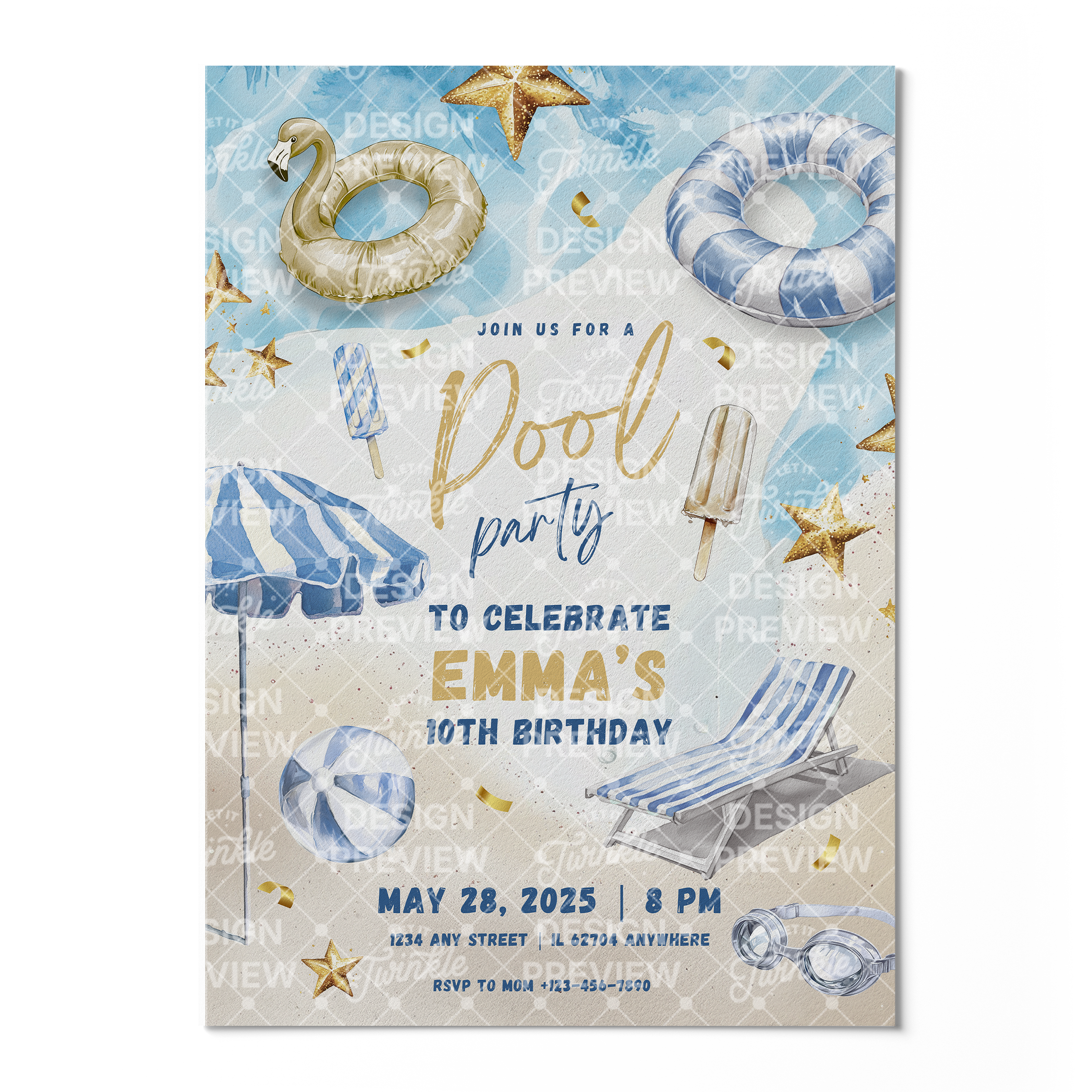 Pool Party Birthday Invitation Template • Editable Canva Invitation • Blue & Gold