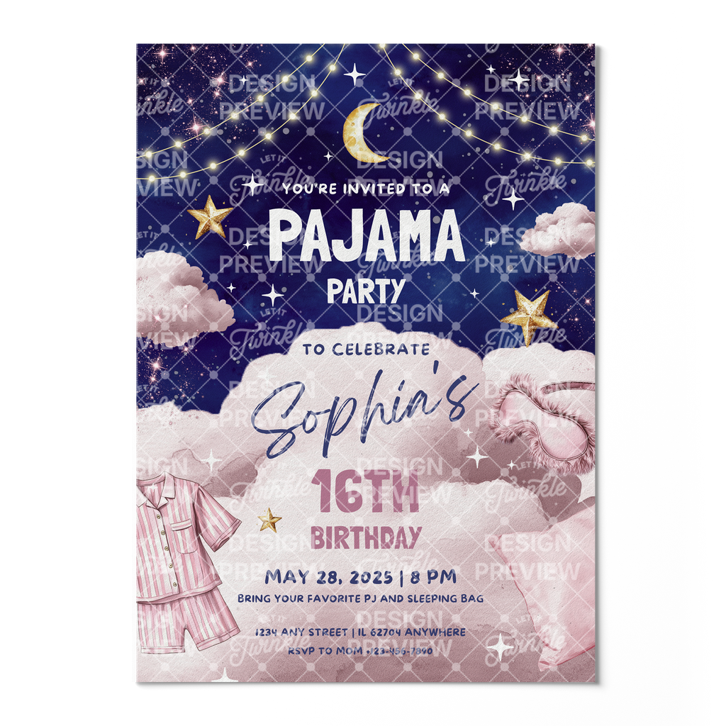 Pajama Party Night Birthday Invitation Template • Editable Canva Invitation • Pink