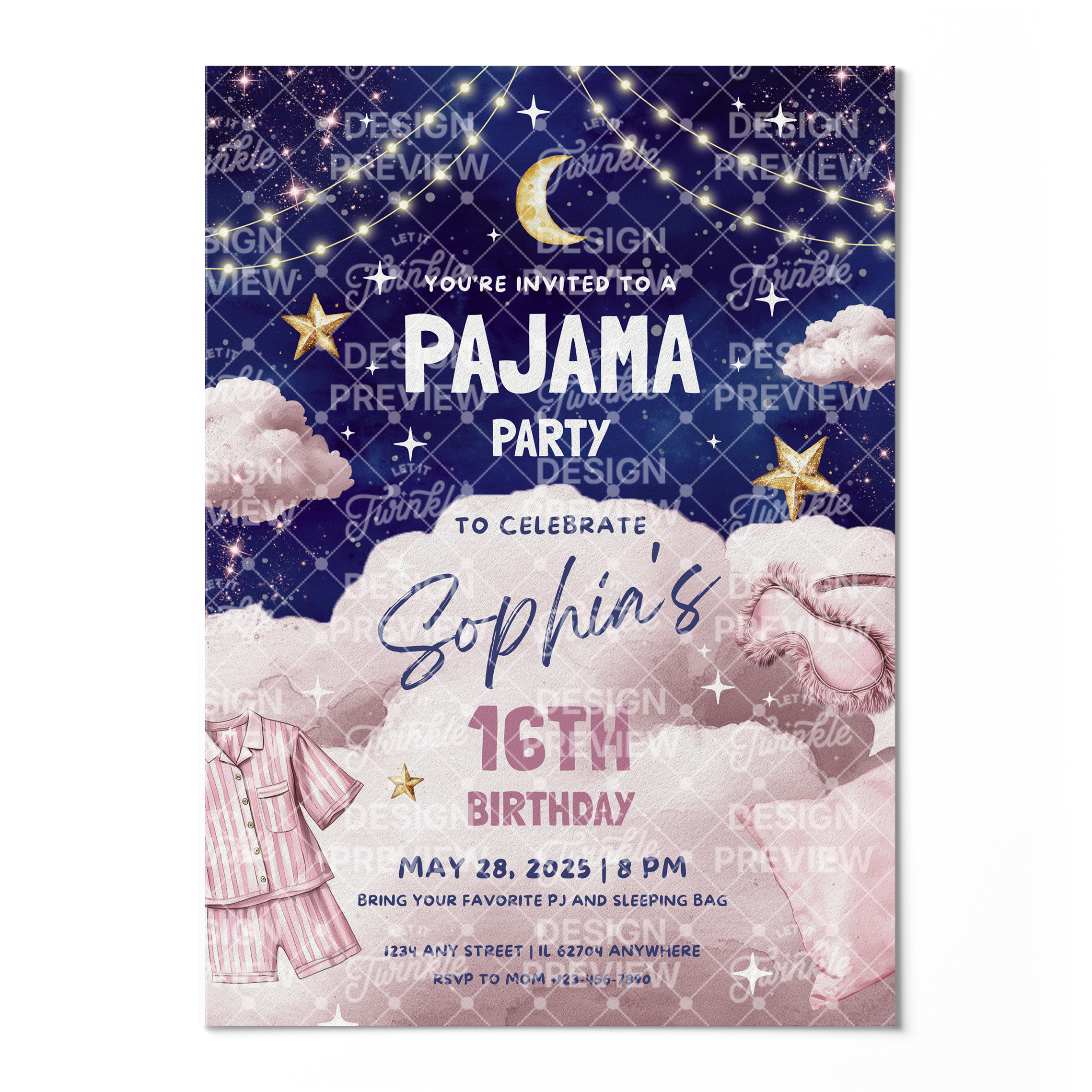 Pajama Party Night Birthday Invitation Template • Editable Canva Invitation • Pink
