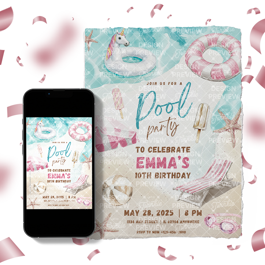 Pool Party Birthday Invitation Template • Editable Canva Invitation • Beige & Pink