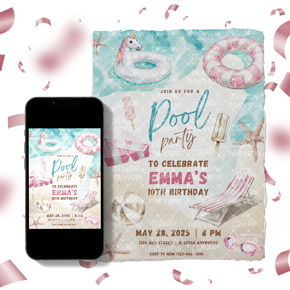 Pool Party Birthday Invitation Template • Editable Canva Invitation • Beige & Pink