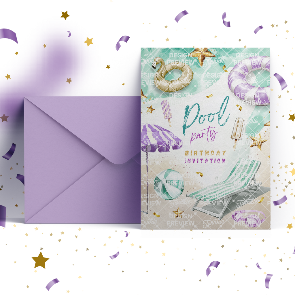 Pool Party Birthday Invitation Template • Editable Canva Invitation • Purple & Gold