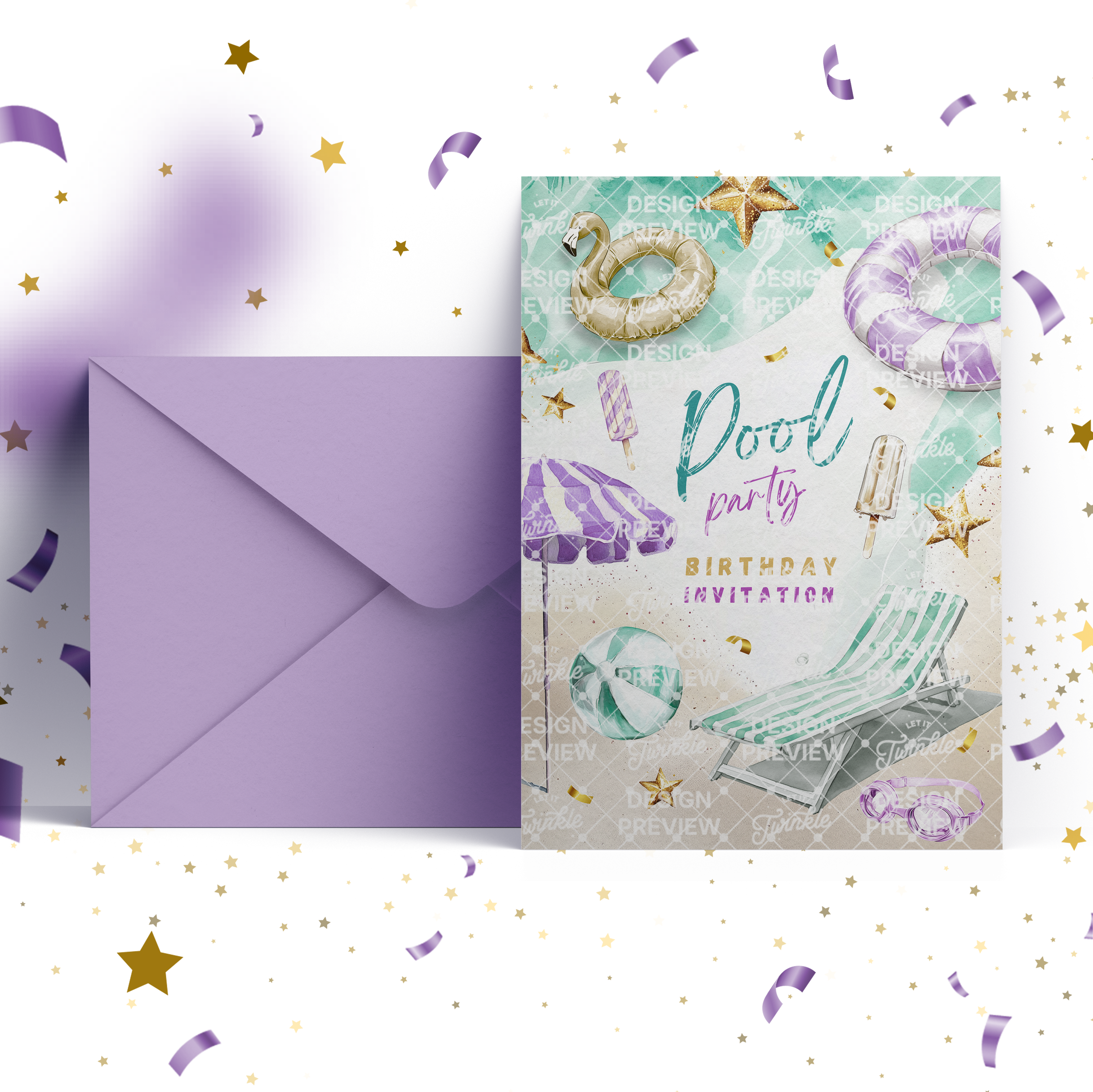 Pool Party Birthday Invitation Template • Editable Canva Invitation • Purple & Gold