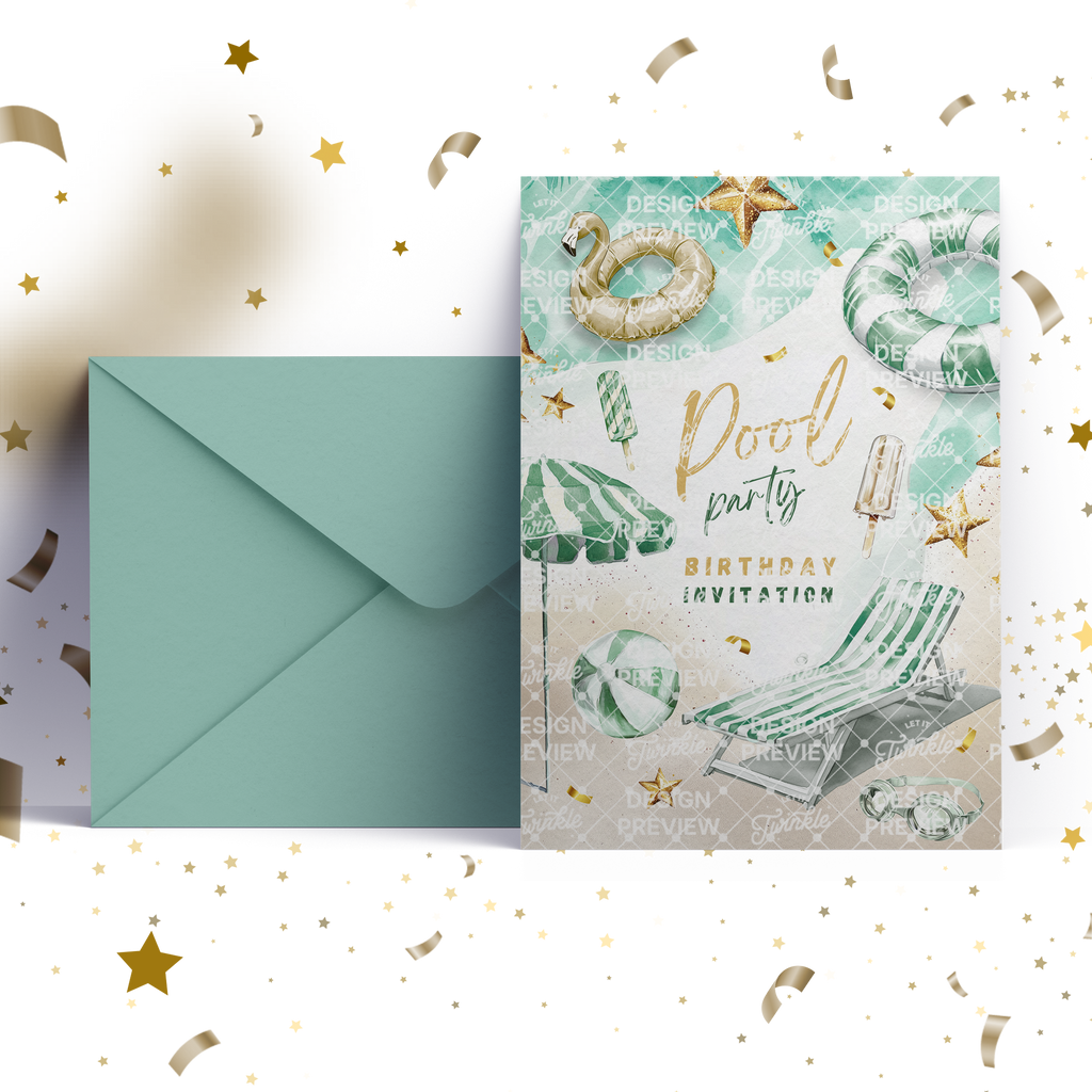 Pool Party Birthday Invitation Template • Editable Canva Invitation • Green & Gold